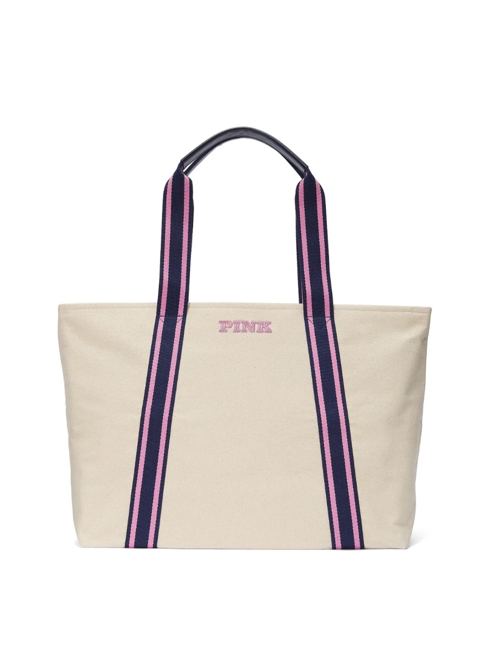 PINK Victoria's Secret Cream Canvas Tote with Pink & Navy Striped Handles
